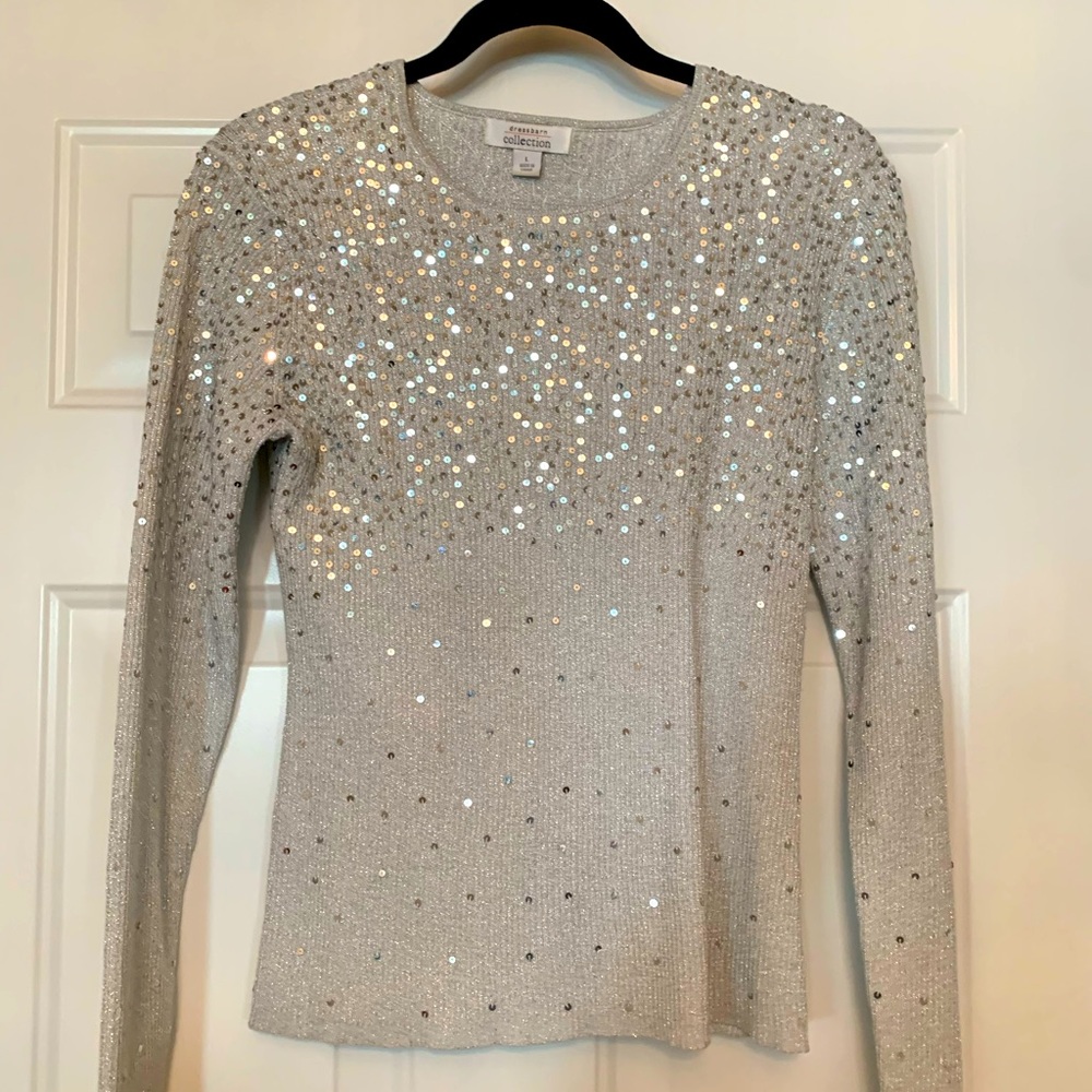 Dress Barn Sequin Sweater Top Silver L Lightweight Metallic Glam Festive